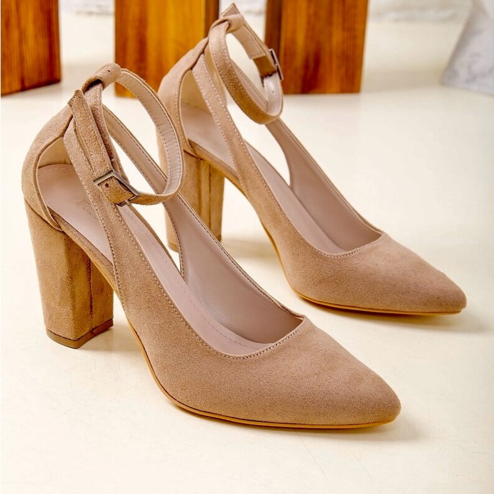 Beige (nude) suede block heels